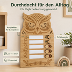Eulen-Checkliste aus Holz für Kinder mit fünf Aufgabenfeldern, Schiebereglern und Wandhalterung