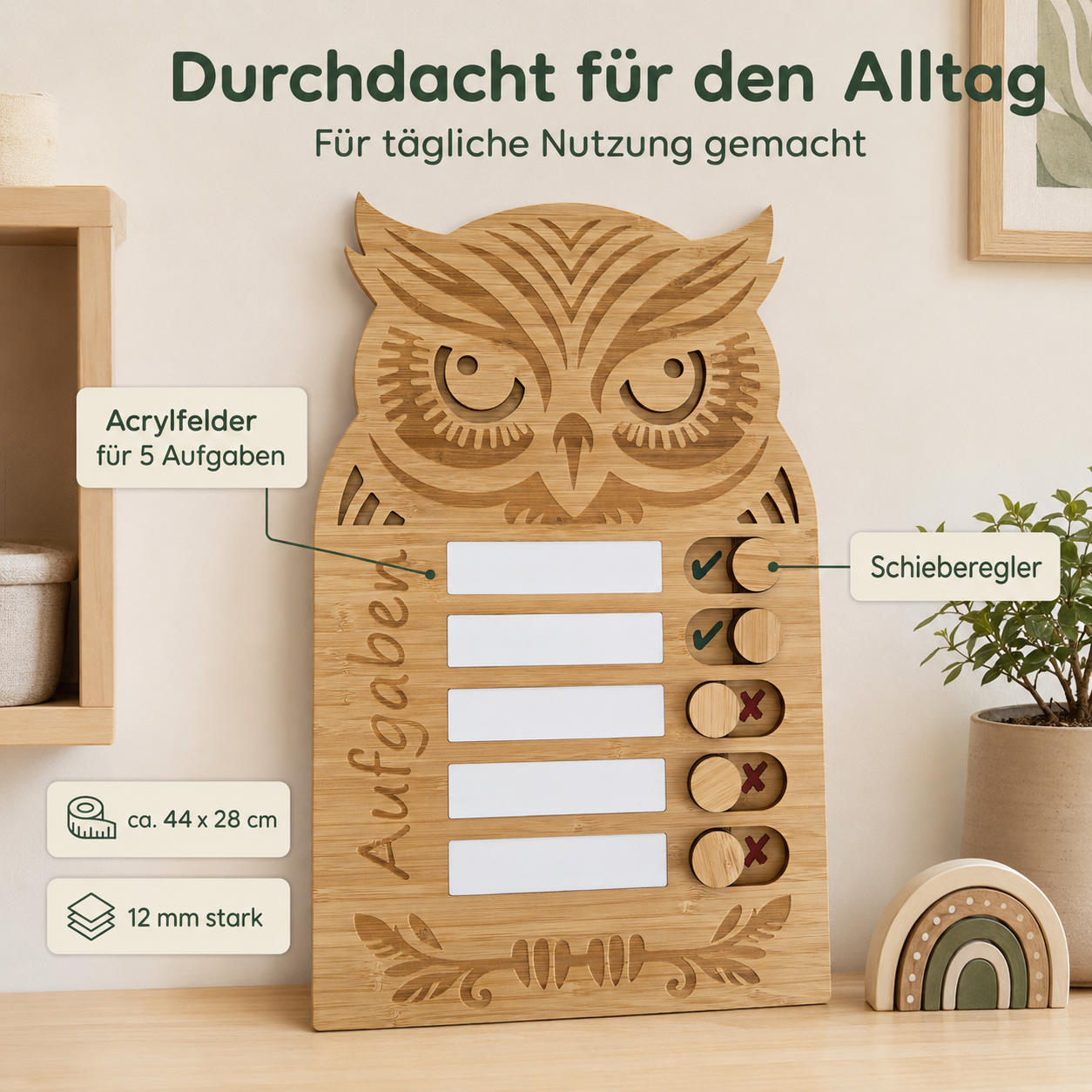 Eulen-Checkliste aus Holz für Kinder mit fünf Aufgabenfeldern, Schiebereglern und Wandhalterung