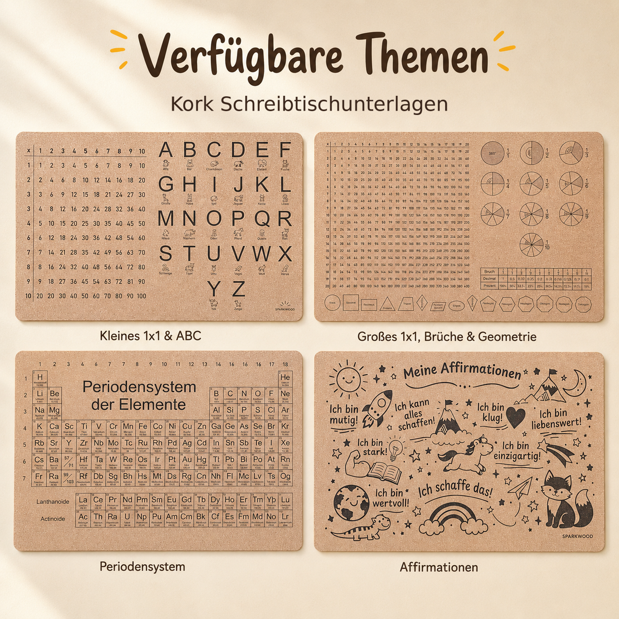 Übersicht über die verfügbaren Schreibtischunterlagen für Kinder