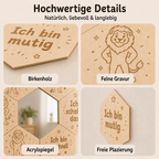 Detailansichten des Mutmach-Spiegels Löwe Natur mit feiner Gravur, Acrylspiegel und freier Platzierung an der Wand