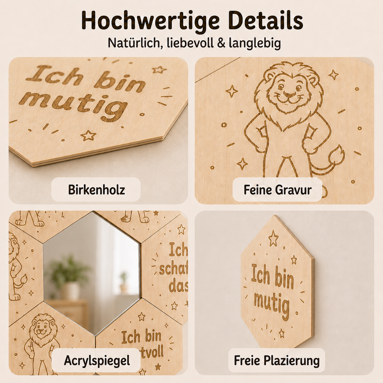 Detailansichten des Mutmach-Spiegels Löwe Natur mit feiner Gravur, Acrylspiegel und freier Platzierung an der Wand