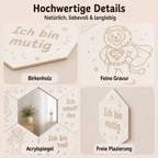 Detailansichten des Mutmach-Spiegels Löwe weiß mit feiner Gravur, Acrylspiegel und freier Platzierung an der Wand