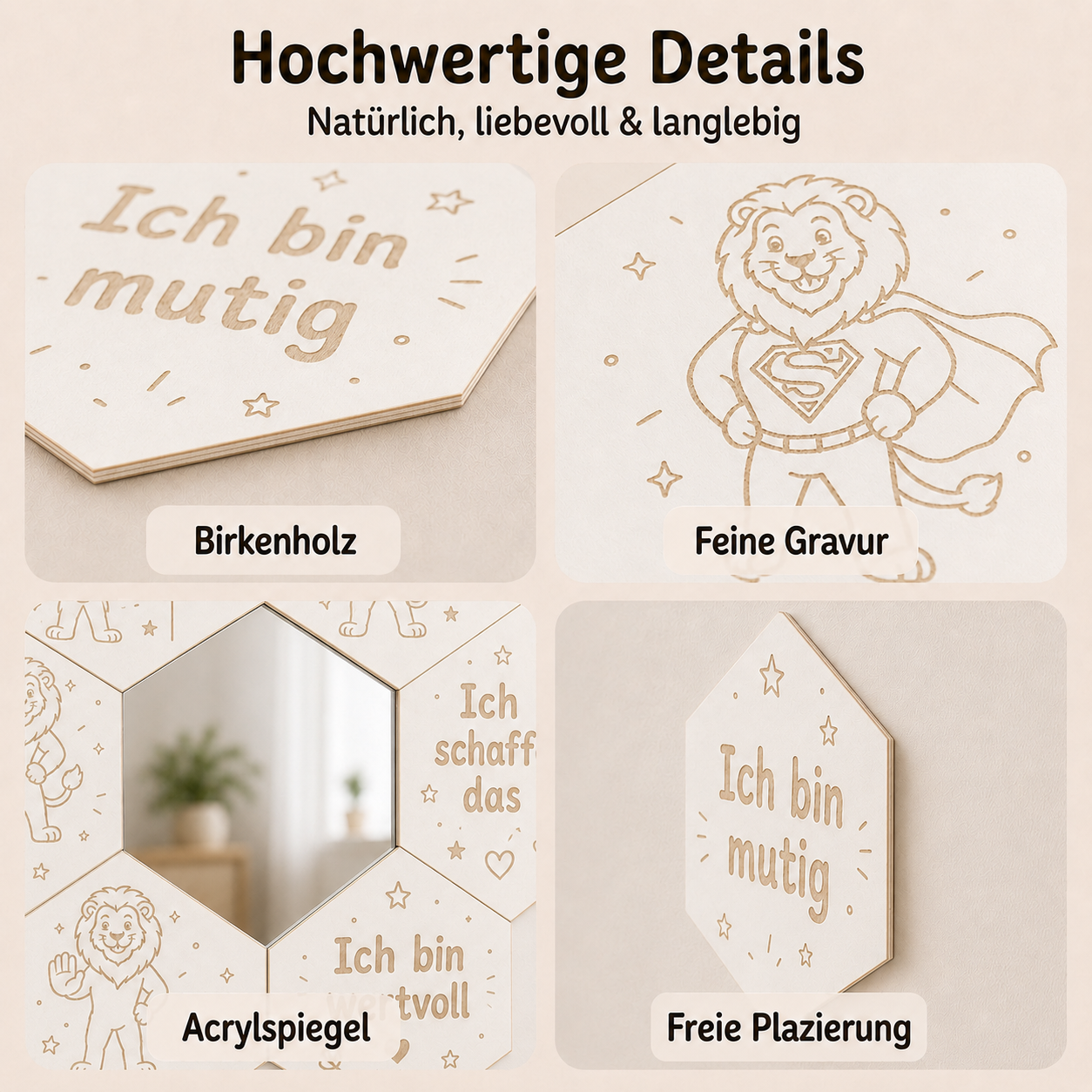 Detailansichten des Mutmach-Spiegels Löwe weiß mit feiner Gravur, Acrylspiegel und freier Platzierung an der Wand