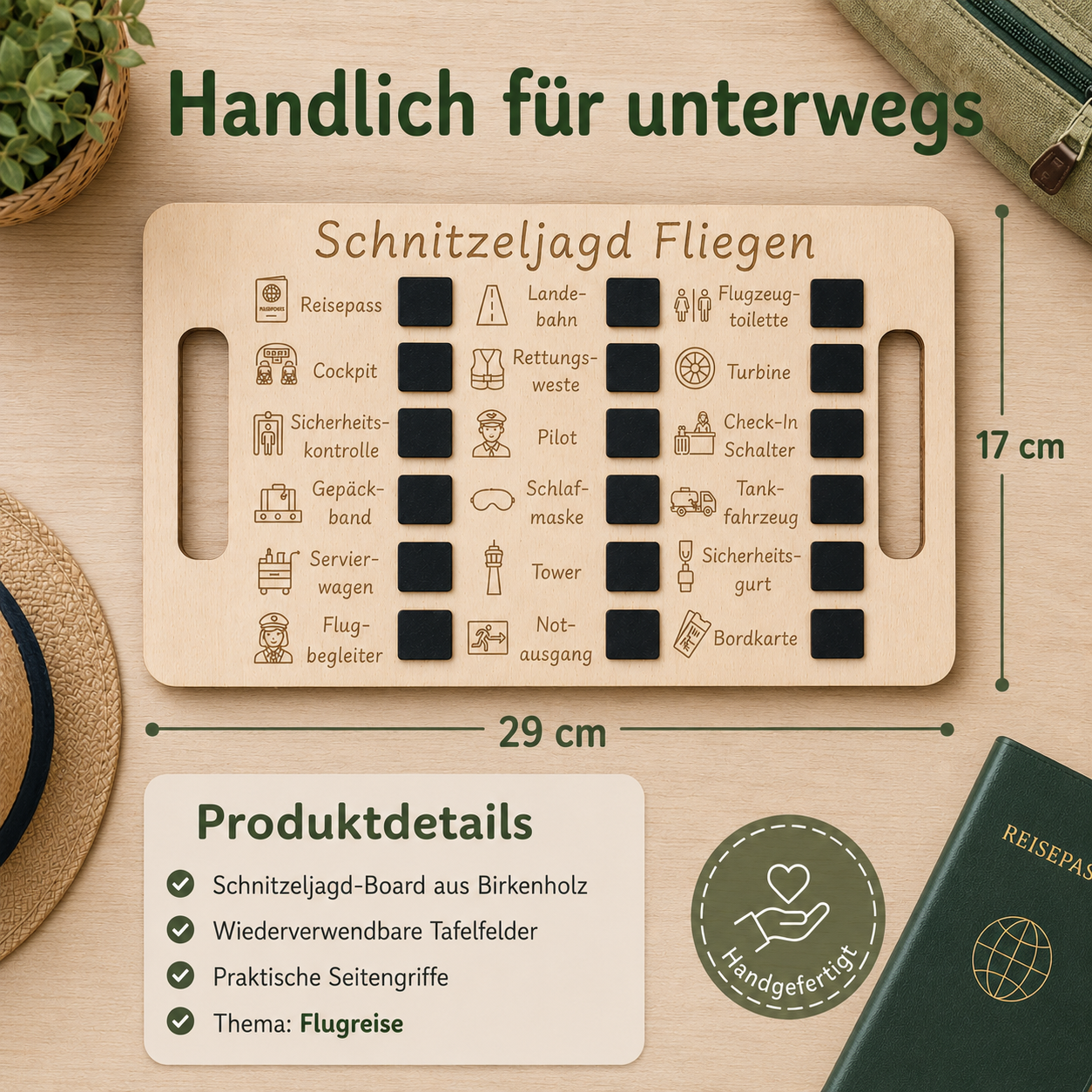 Schnitzeljagd Flugreise aus Holz mit praktischen Tragegriffen und wiederverwendbaren Tafelfeldern.