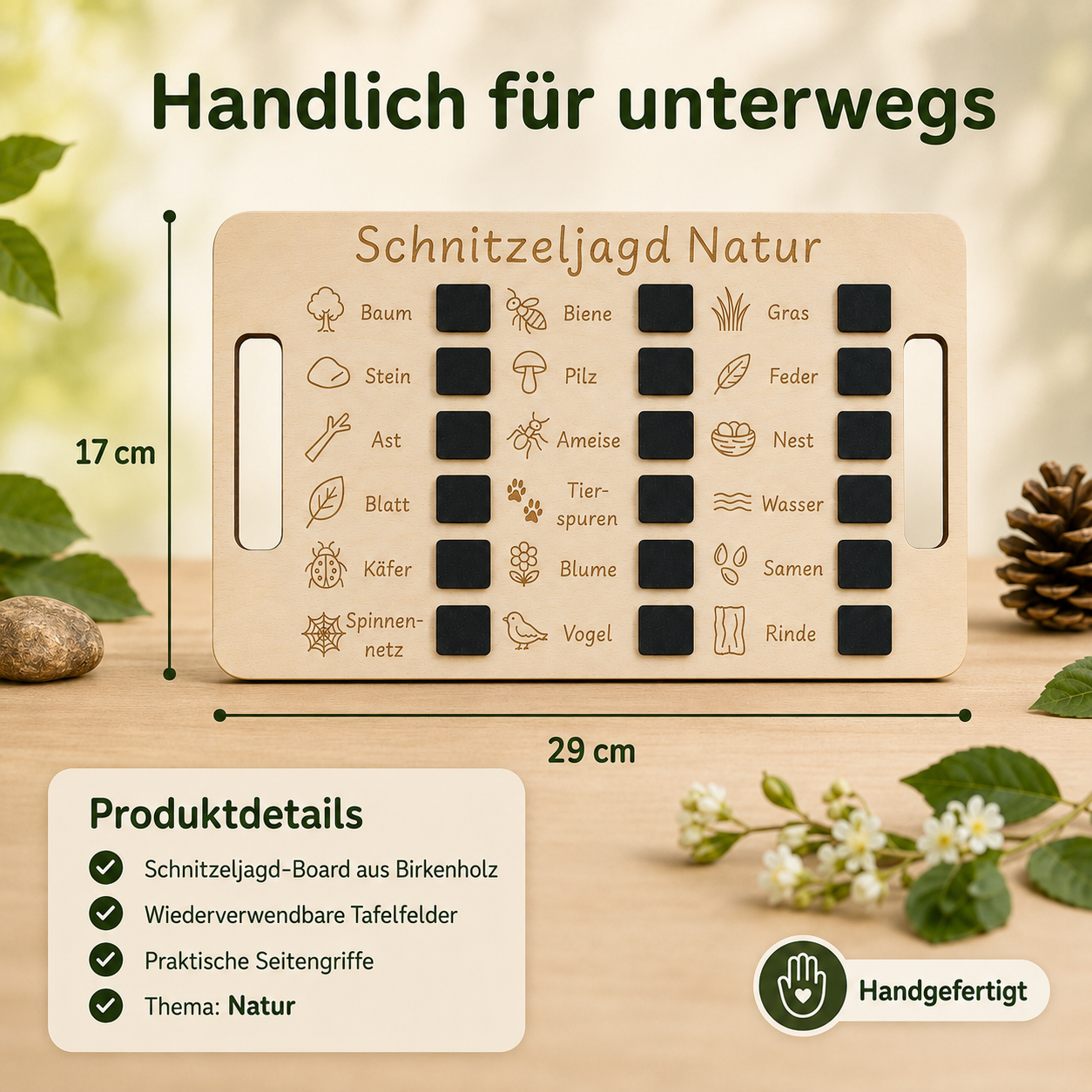 Schnitzeljagd Natur aus Holz mit praktischen Tragegriffen und wiederverwendbaren Tafelfeldern.