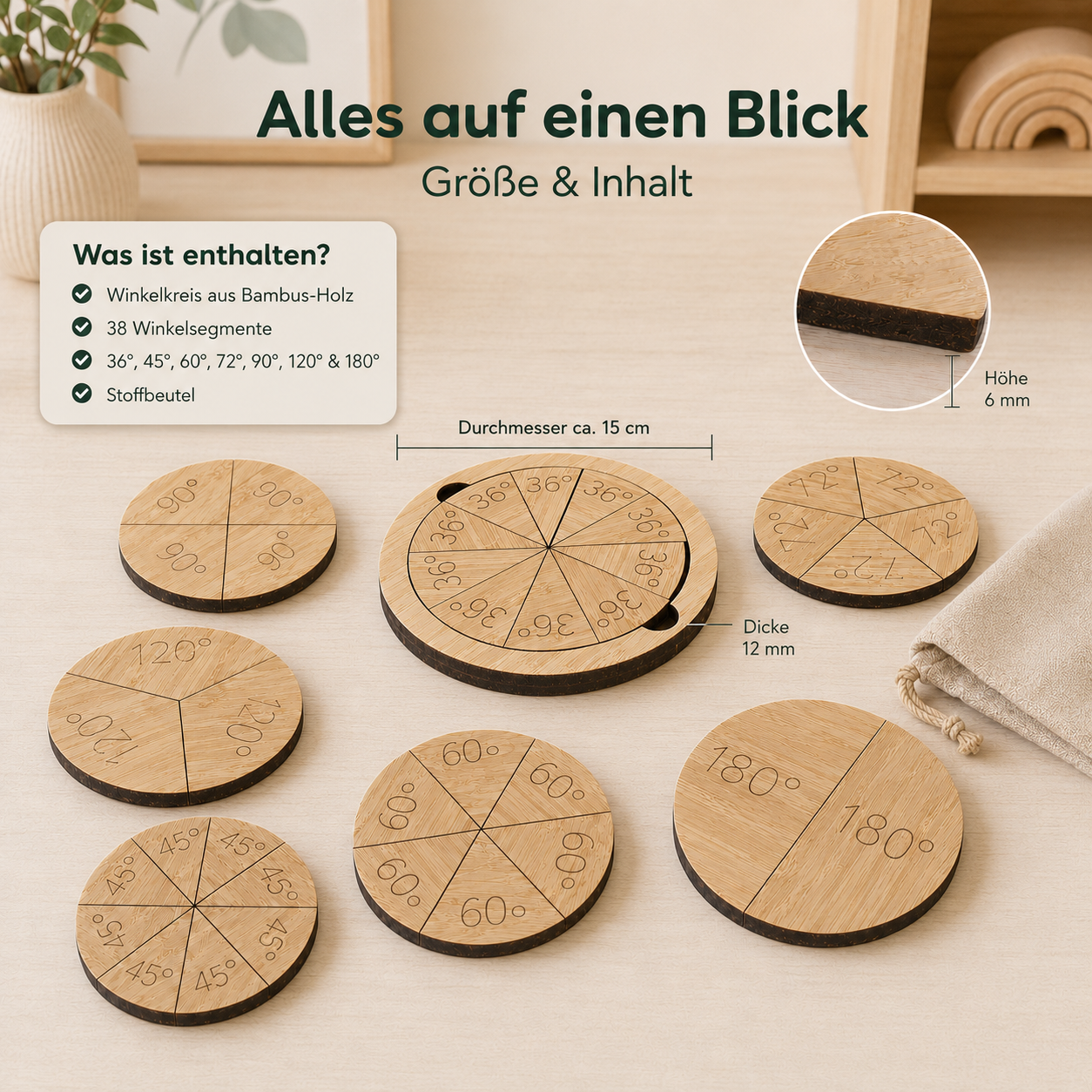 Winkelkreis-Lernset aus Holz mit 38 Winkelsegmenten, Gradmaßen und Stoffbeutel