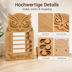 Detailansicht der Eulen-Aufgabentafel aus Bambusholz mit Gravur, Schiebereglern und Wandhalterung