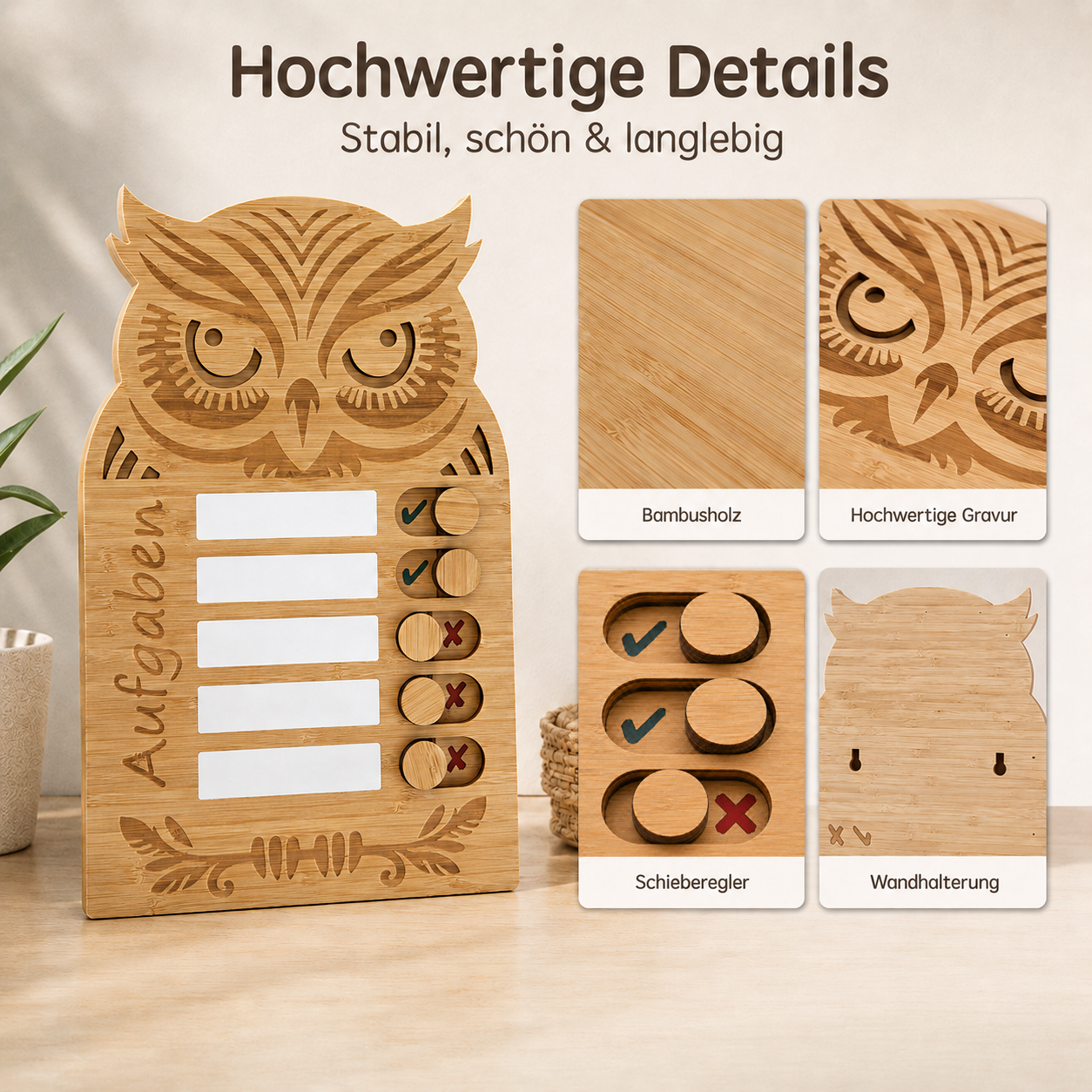 Detailansicht der Eulen-Aufgabentafel aus Bambusholz mit Gravur, Schiebereglern und Wandhalterung