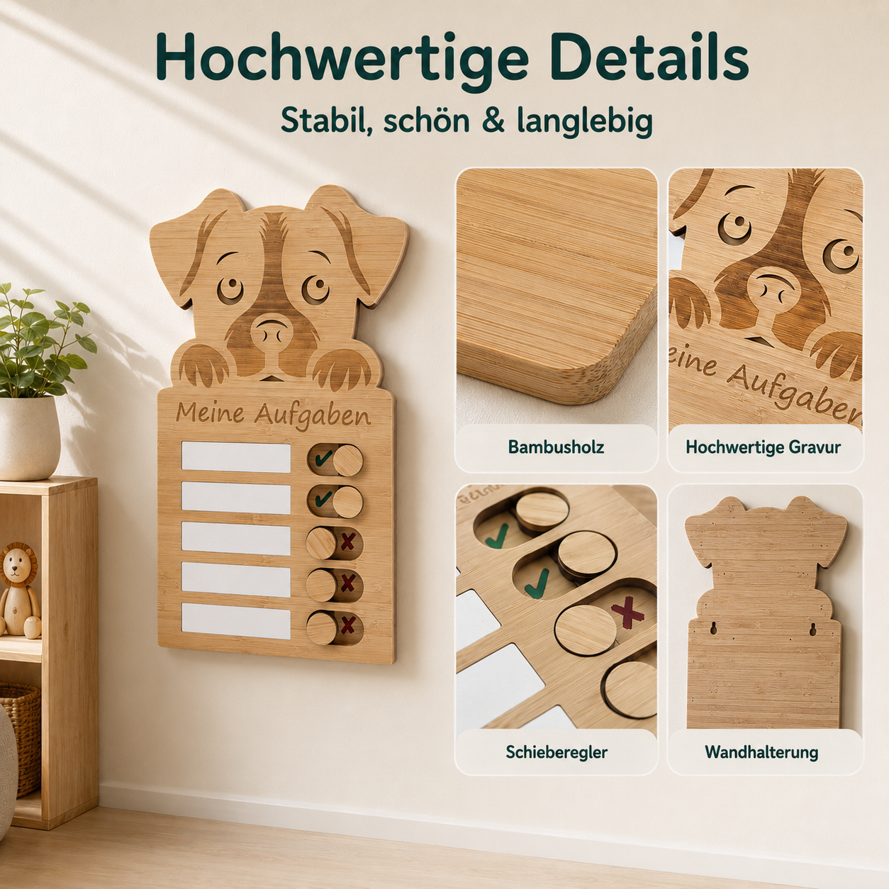 Detailansicht der Hund-Aufgabentafel aus Bambusholz mit Gravur, Schiebereglern und Wandhalterung