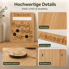 Detailansicht der Schatzsuche-Belohnungstafel aus Holz mit graviertem Text, magnetischen Münzen und Wandhalterung