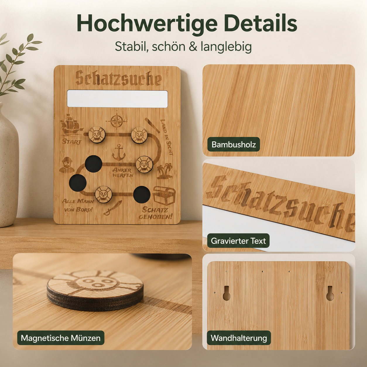 Detailansicht der Schatzsuche-Belohnungstafel aus Holz mit graviertem Text, magnetischen Münzen und Wandhalterung