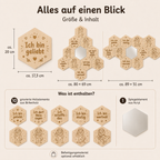 Mutmach-Spiegel Löwe Natur mit Größenübersicht, 10 gravierten Birkenholz-Elementen und Acrylspiegel