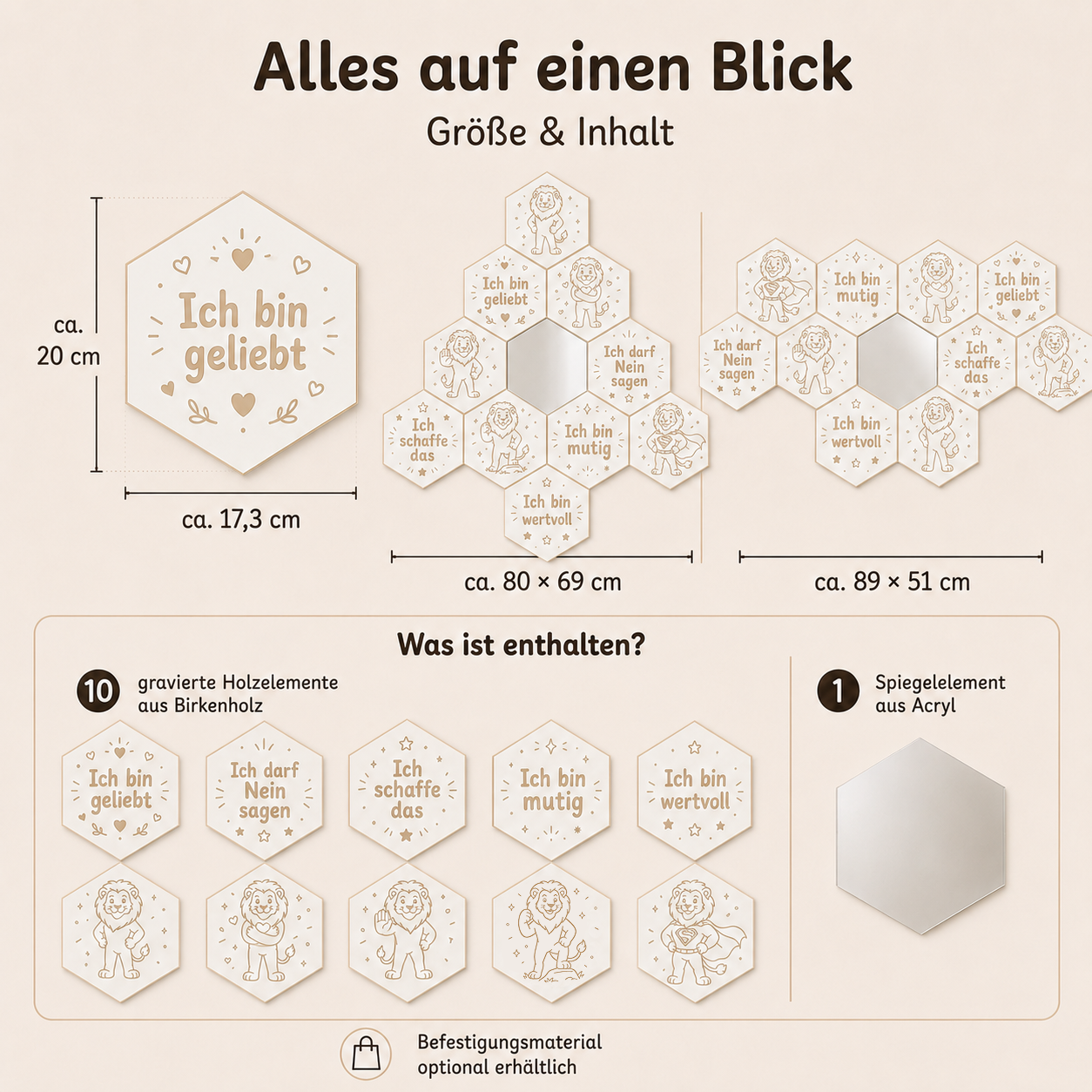 Mutmach-Spiegel Löwe weiß mit Größenübersicht, 10 gravierten Birkenholz-Elementen und Acrylspiegel