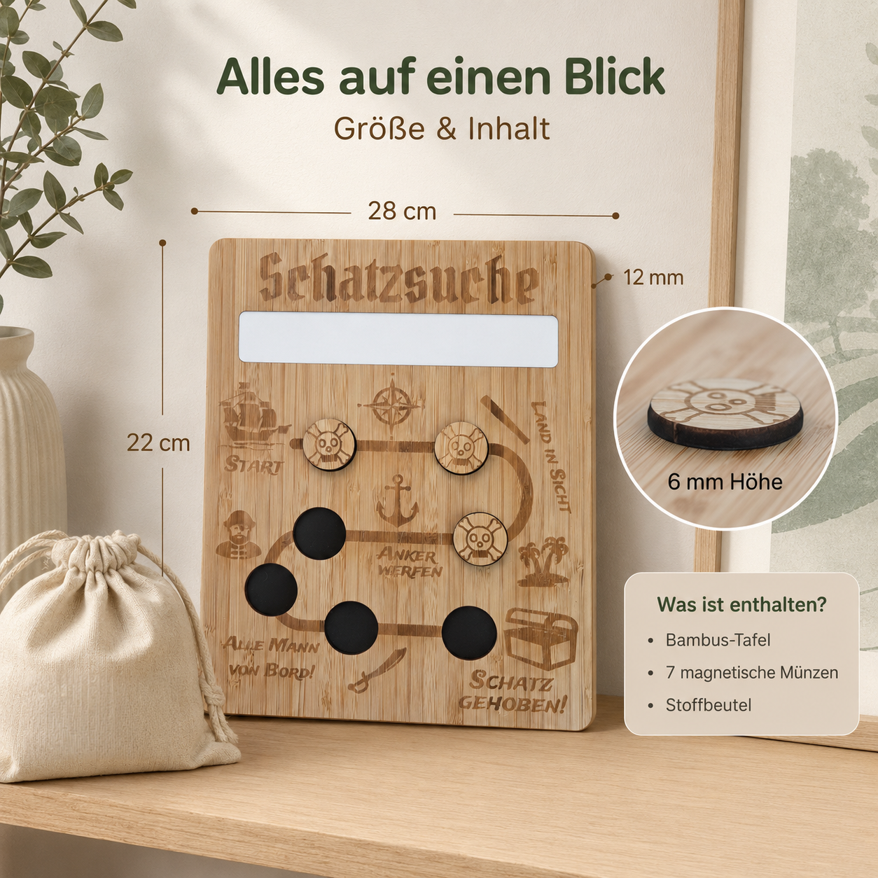 Belohnungstafel Schatzsuche aus Holz mit sieben magnetischen Münzen und Stoffbeutel
