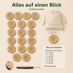 Set mit 18 Bildschirmzeit-Münzen aus Holz in verschiedenen Zeitwerten und Baumwollbeutel