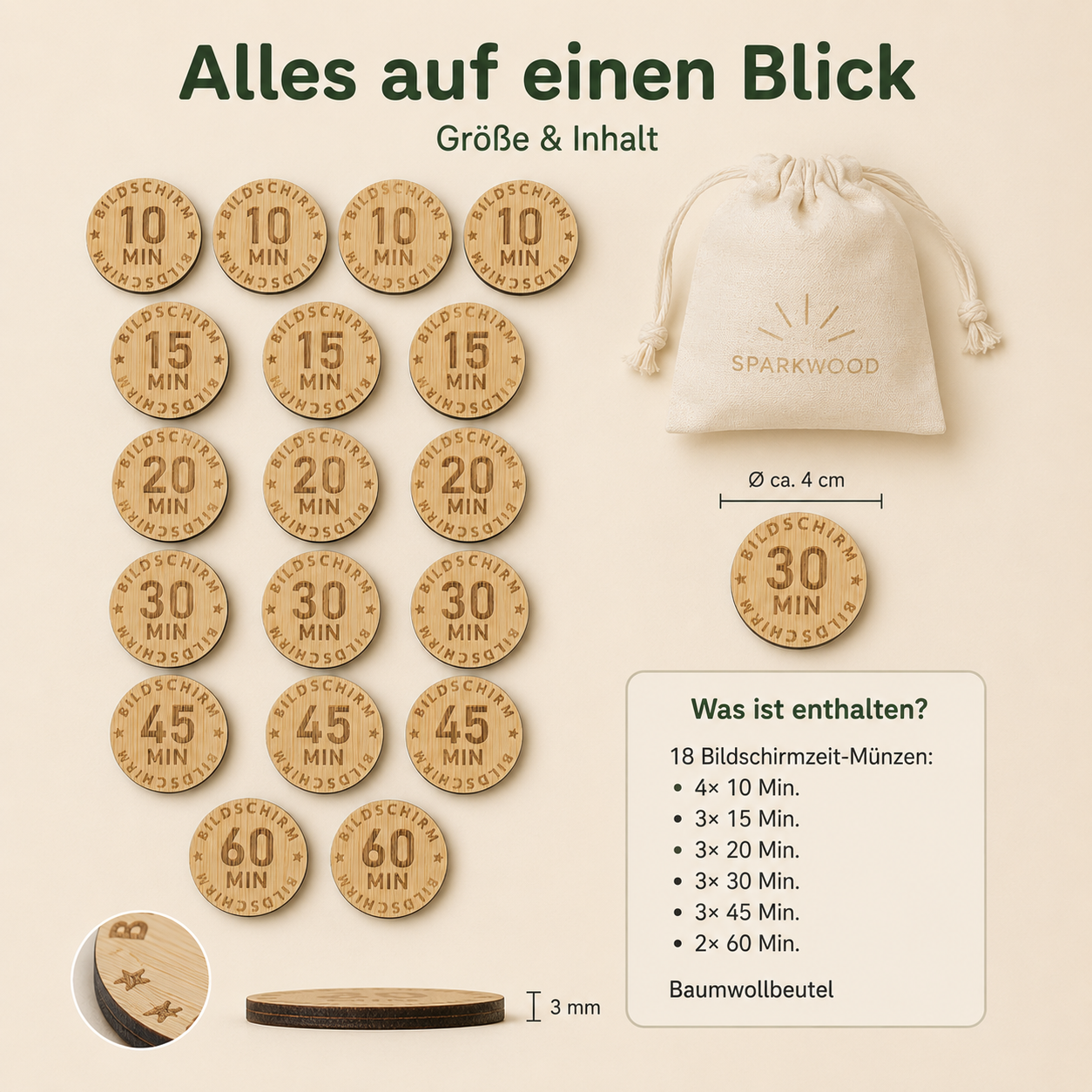 Set mit 18 Bildschirmzeit-Münzen aus Holz in verschiedenen Zeitwerten und Baumwollbeutel