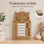 Eulen-Aufgabentafel aus Holz in praktischer Größe fürs Kinderzimmer mit fünf Aufgabenfeldern