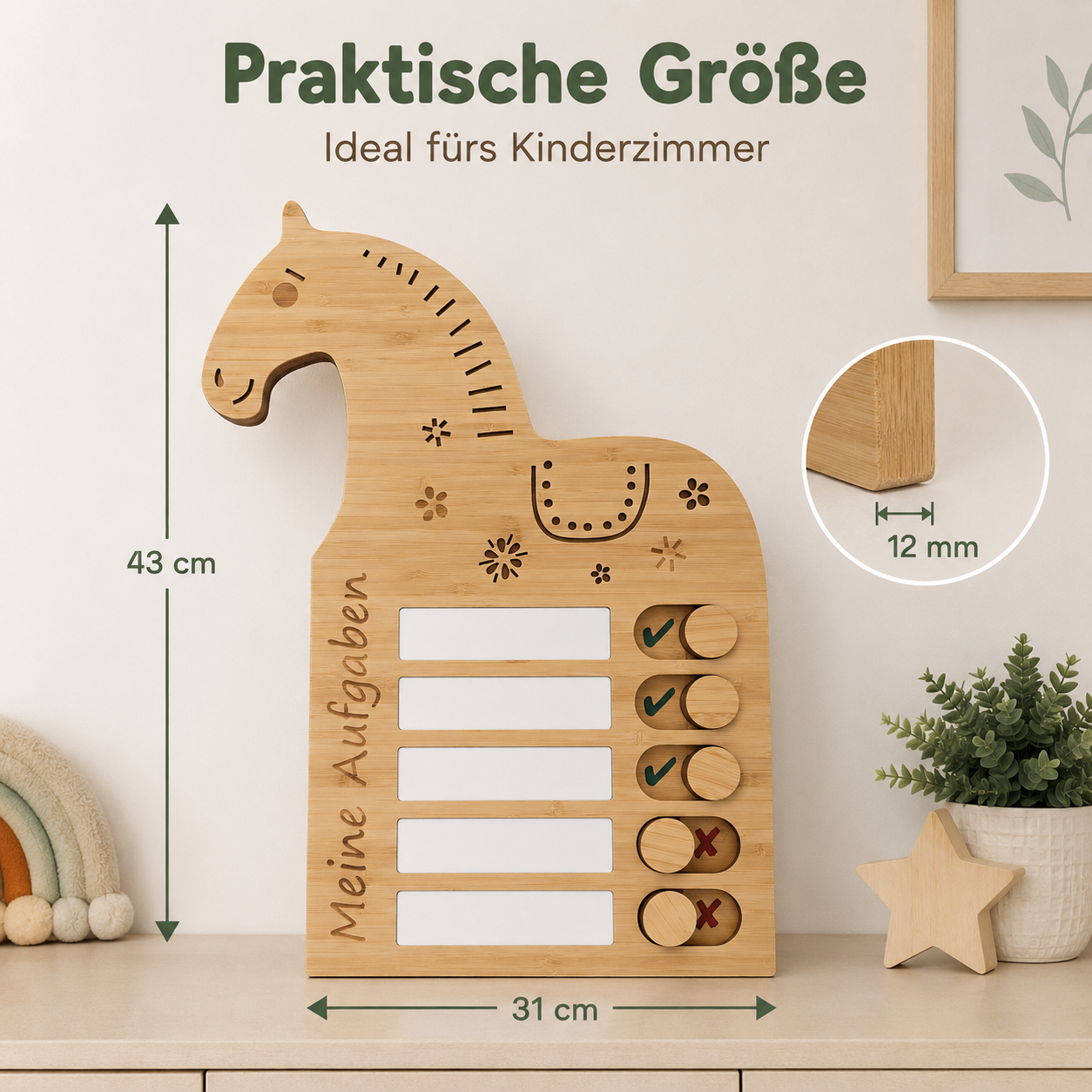 Pferd-Aufgabentafel aus Holz in praktischer Größe fürs Kinderzimmer mit fünf Aufgabenfeldern