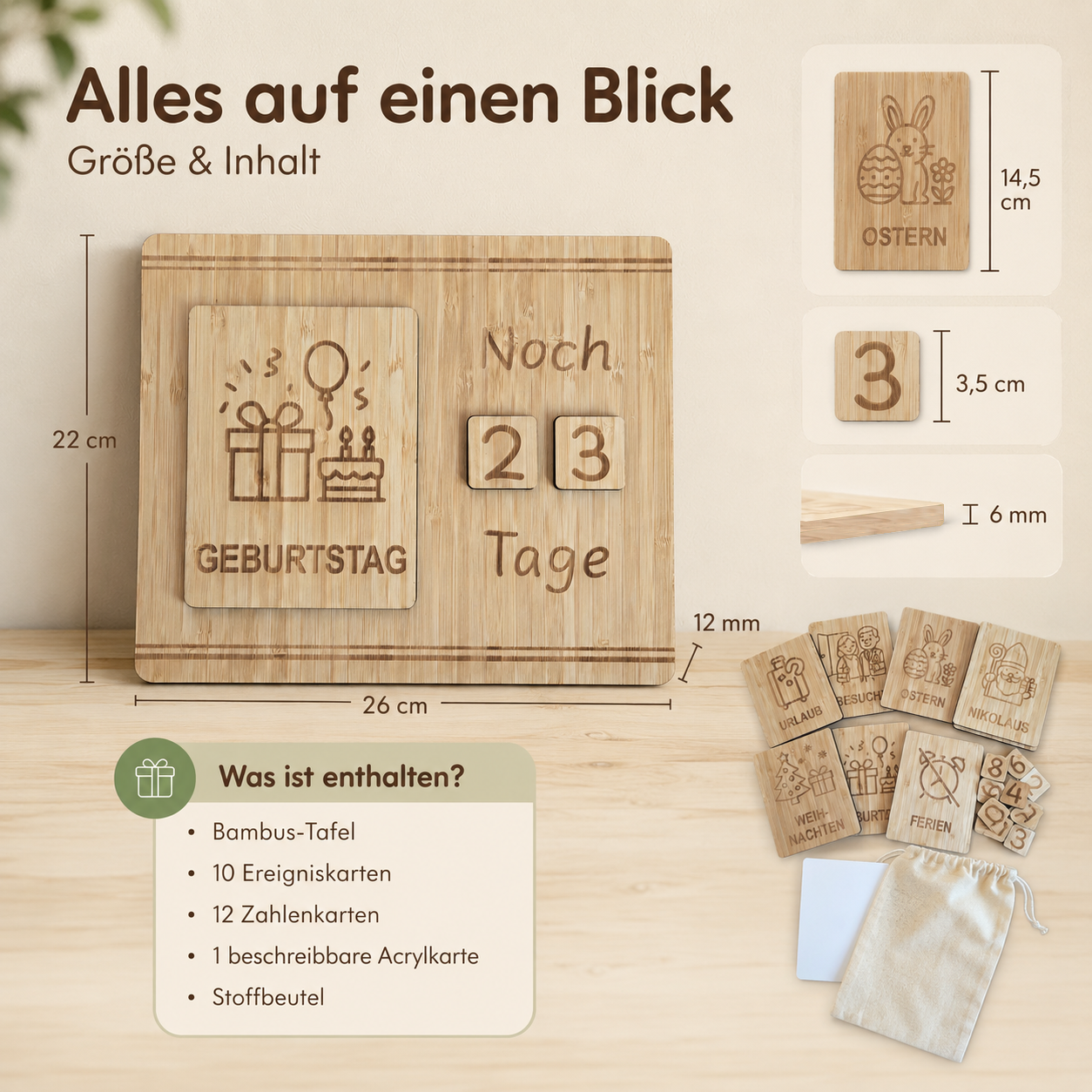 Größe und Inhalt des Countdown-Kalenders aus Holz mit Ereigniskarten, Zahlenkarten, Acrylkarte und Stoffbeutel