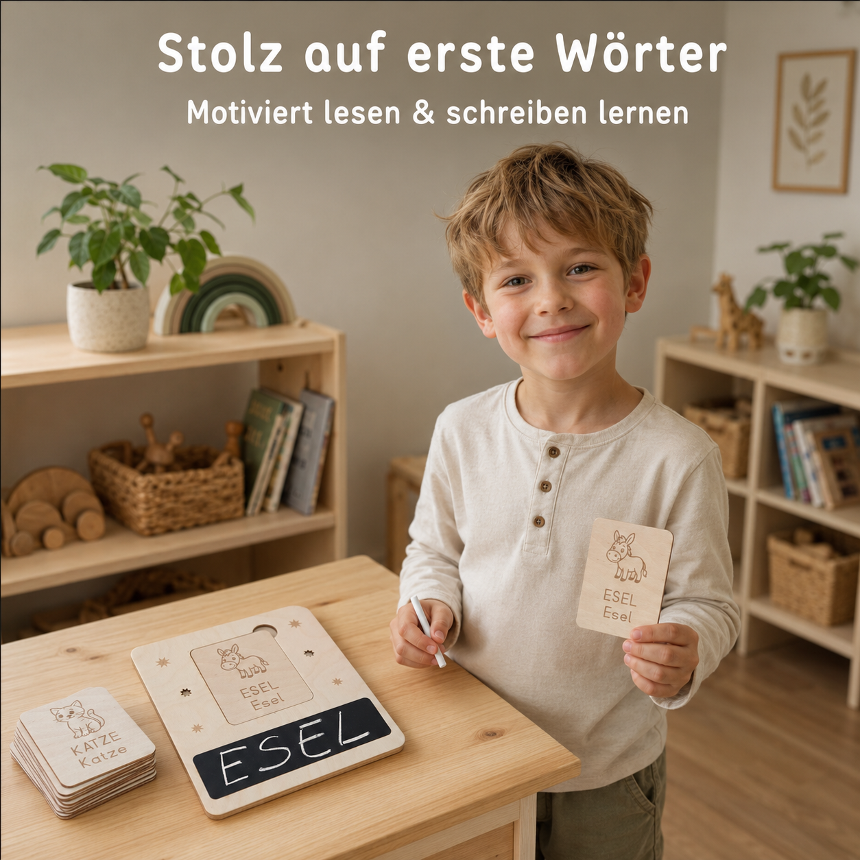 Kind hält eine Wortkarte neben dem Schreiblernset aus Holz