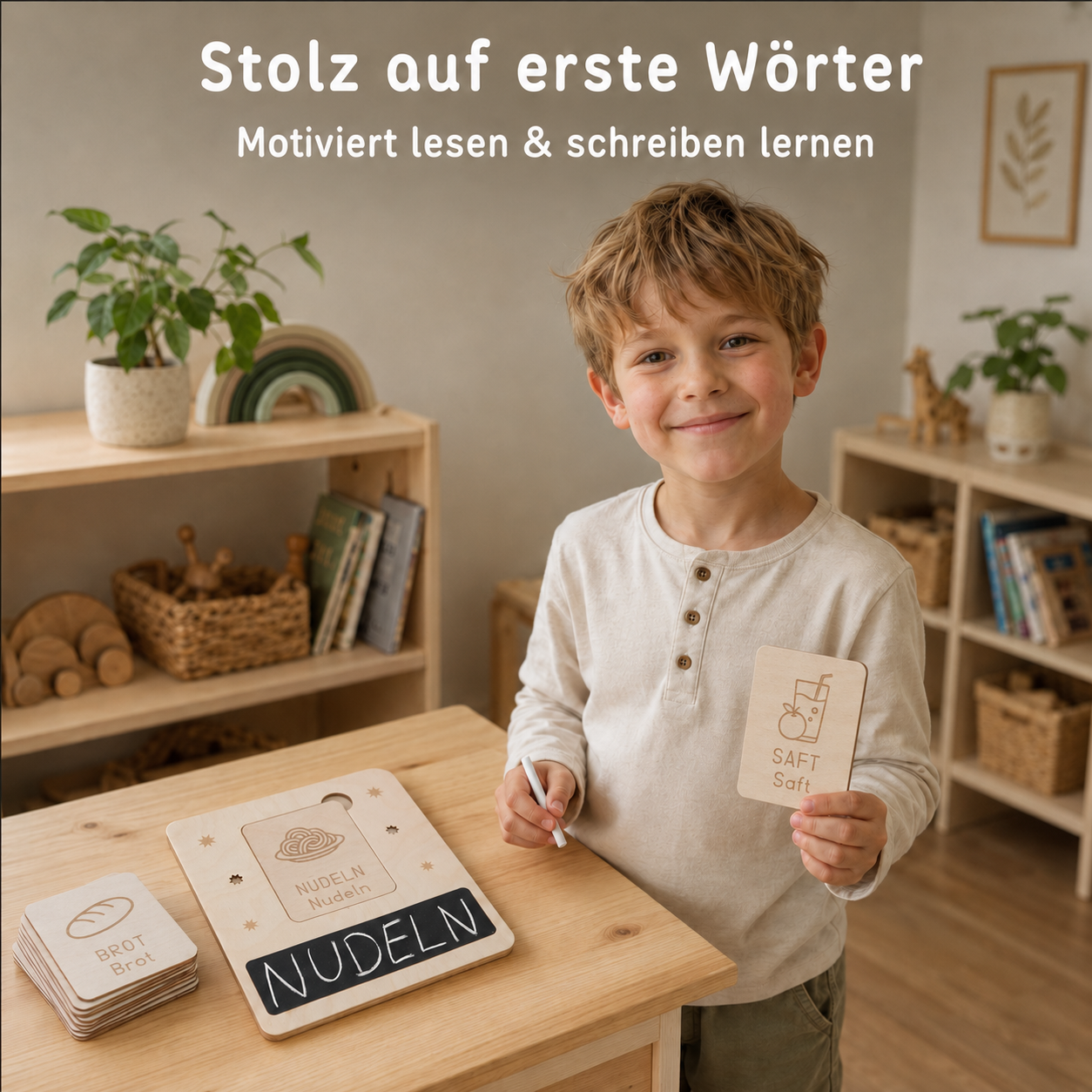 Kind hält eine Wortkarte neben dem Schreiblernset aus Holz