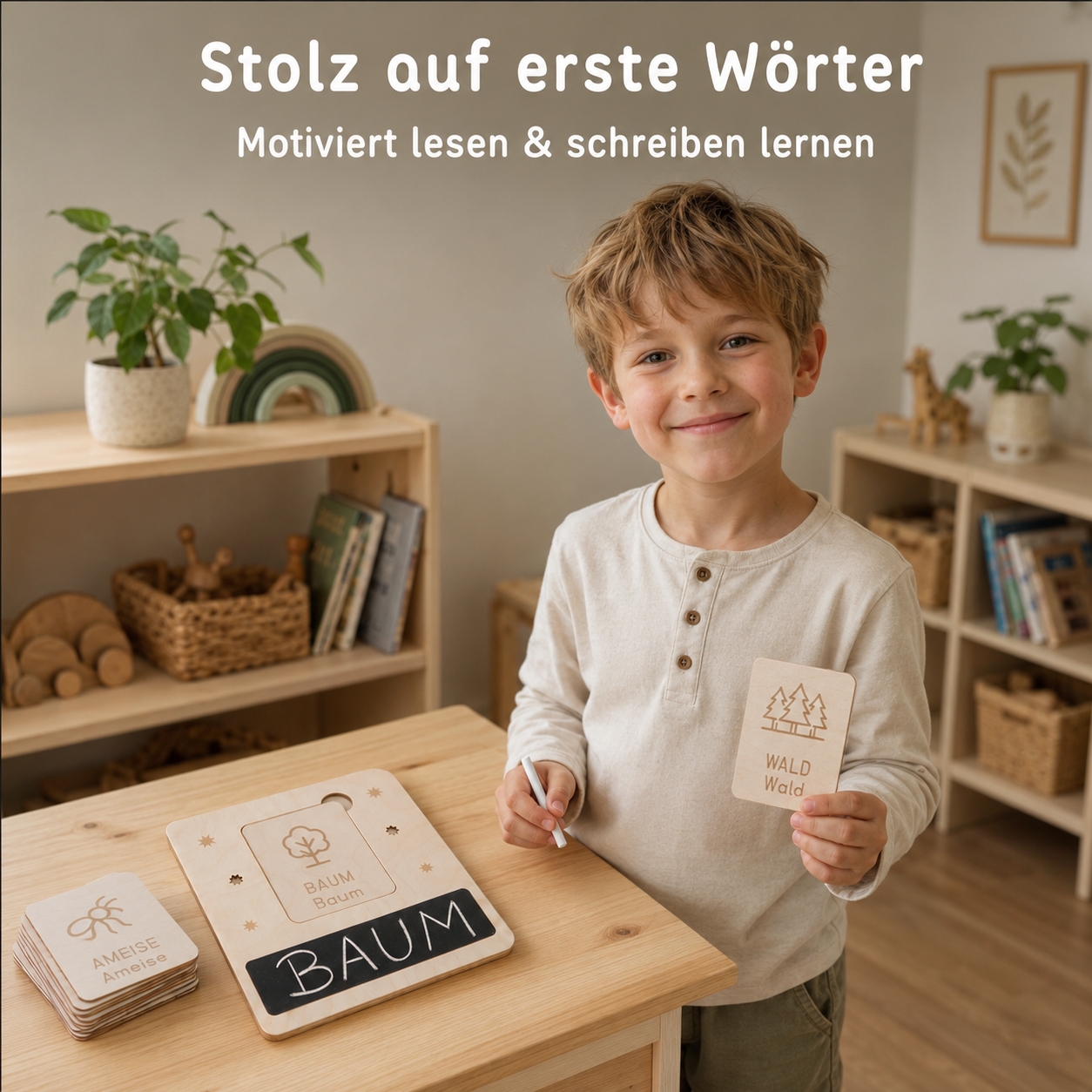 Kind hält eine Wortkarte neben dem Schreiblernset aus Holz