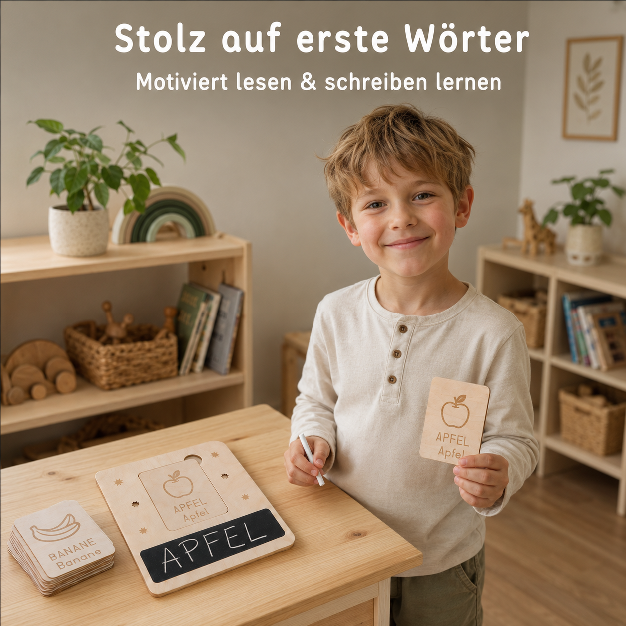 Kind hält eine Wortkarte neben dem Schreiblernset aus Holz