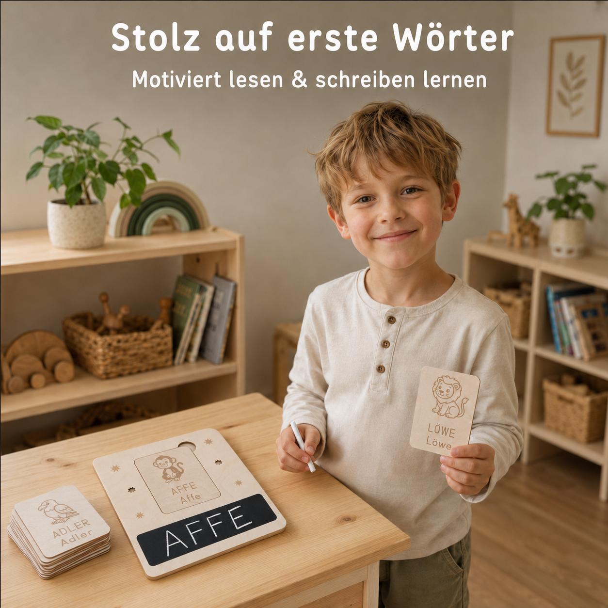 Kind hält eine Wortkarte neben dem Schreiblernset aus Holz