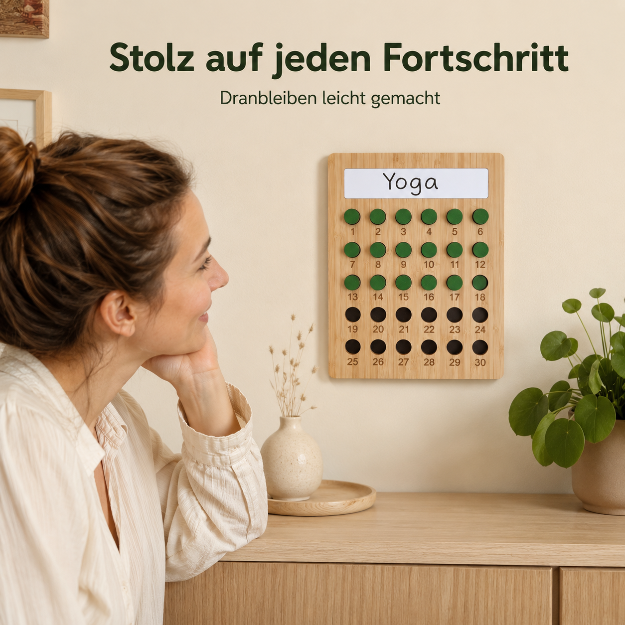 Holz-Habit-Tracker an der Wand für Yoga-Routine und sichtbaren täglichen Fortschritt