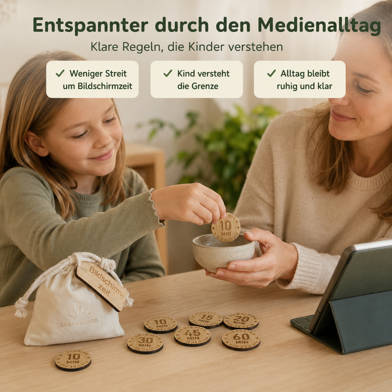 Mutter und Kind nutzen Bildschirmzeit-Münzen aus Holz für klare Regeln im Medienalltag
