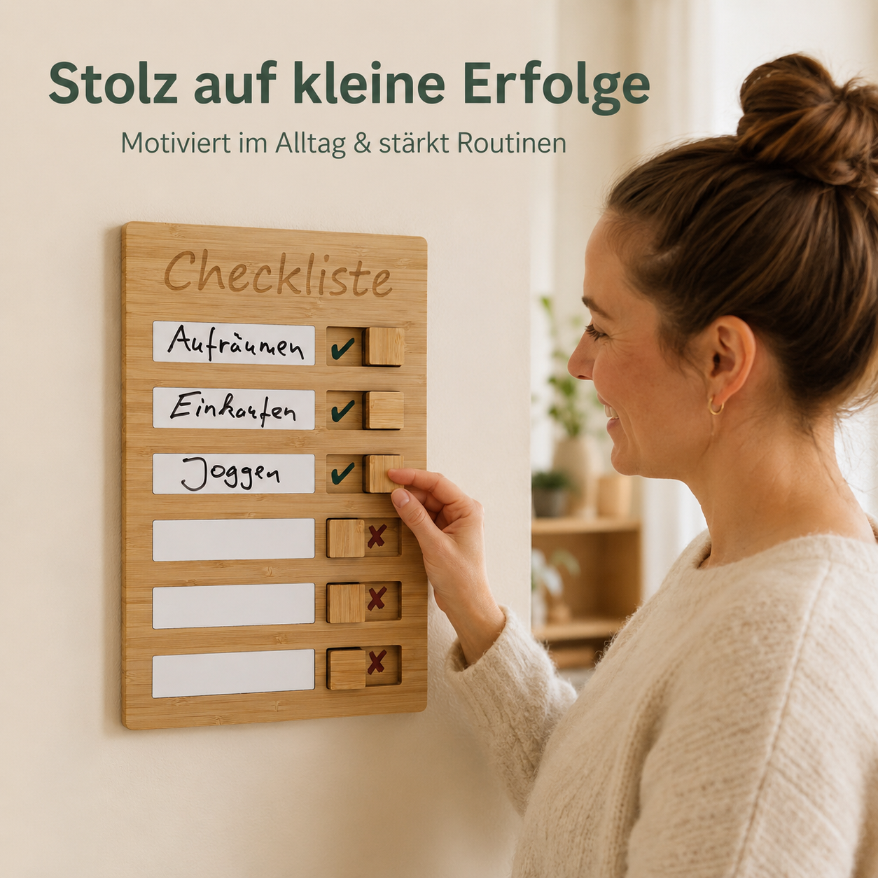 Frau hakt Aufgaben auf einer Holz-Checkliste ab und sieht kleine Erfolge im Alltag