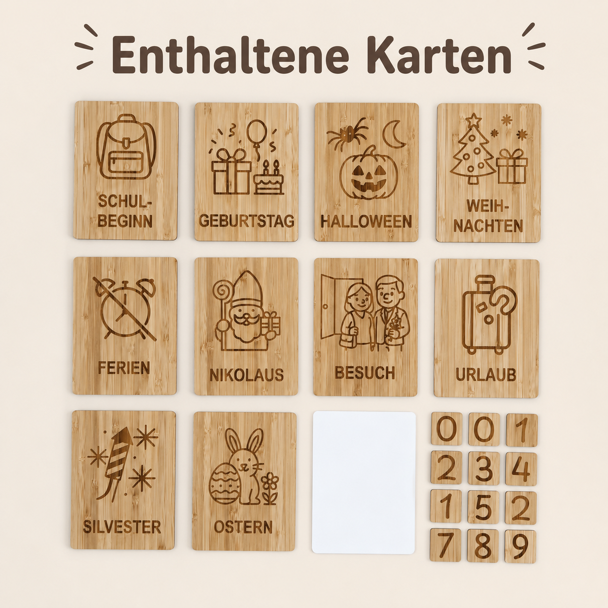Übersicht der enthaltenen Karten für den Countdown-Kalender aus Holz
