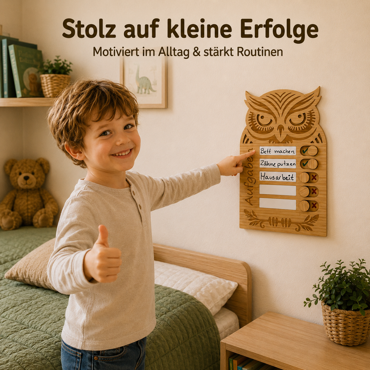 Kind zeigt Erfolg an einer Eulen-Aufgabentafel aus Holz für tägliche Aufgaben im Kinderzimmer