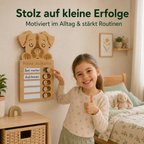 Kind zeigt Erfolg an einer Hund-Aufgabentafel aus Holz für tägliche Aufgaben im Kinderzimmer