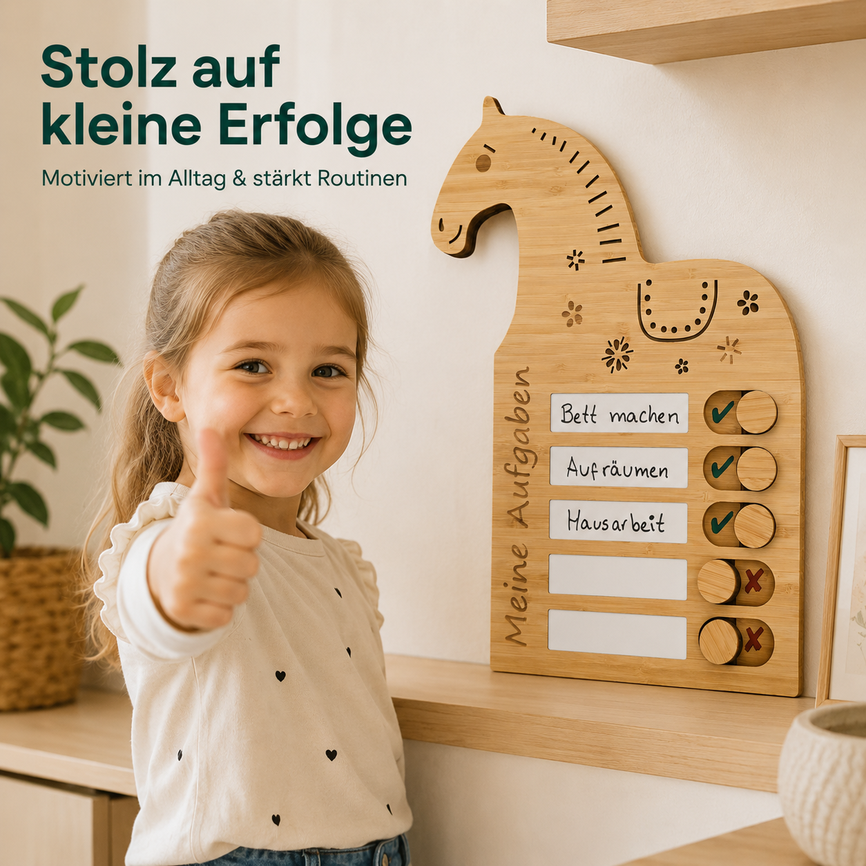 Kind zeigt Erfolg an einer Pferd-Aufgabentafel aus Holz für tägliche Aufgaben im Kinderzimmer