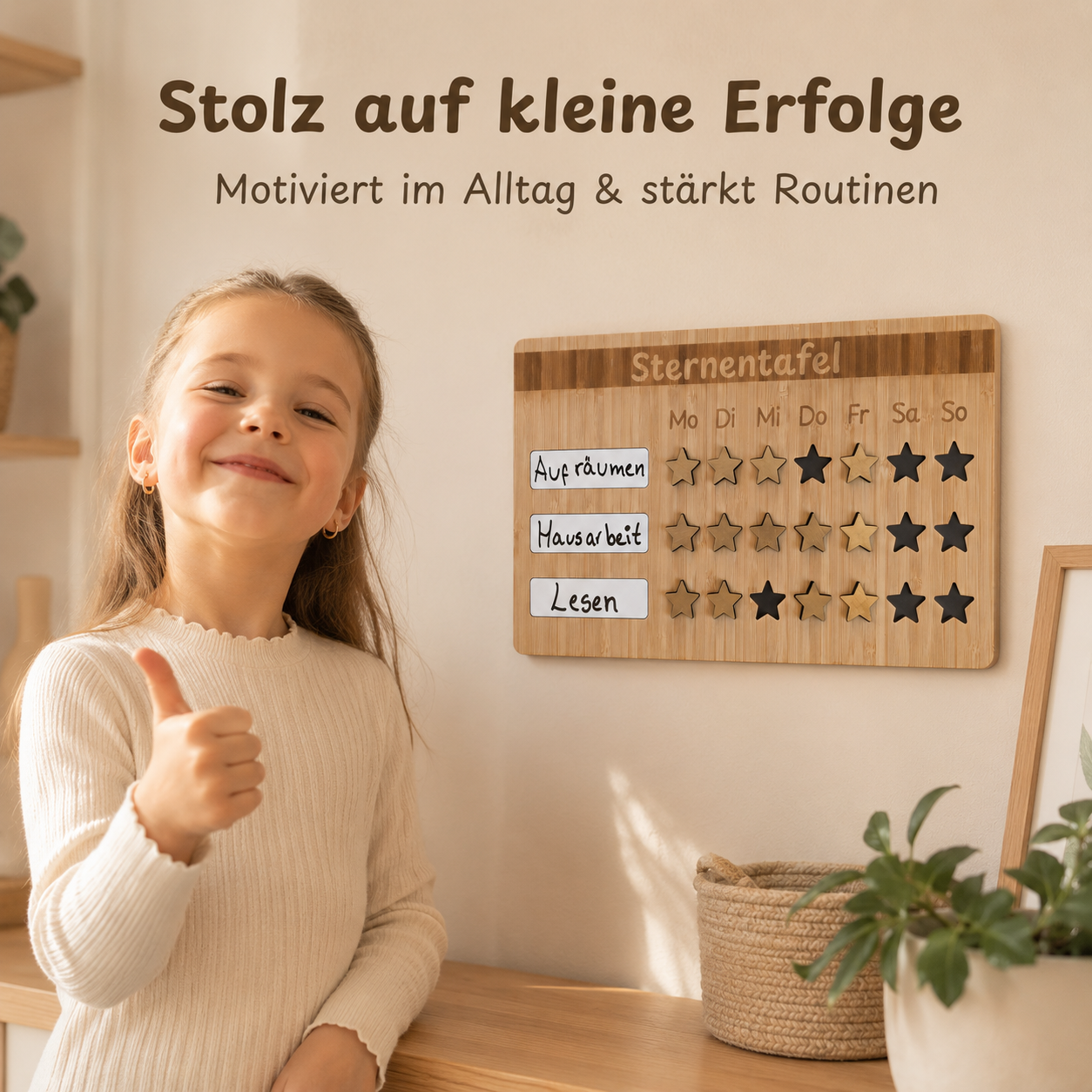 Kind nutzt eine Sternentafel aus Holz für Wochenroutinen, Motivation und kleine Erfolge