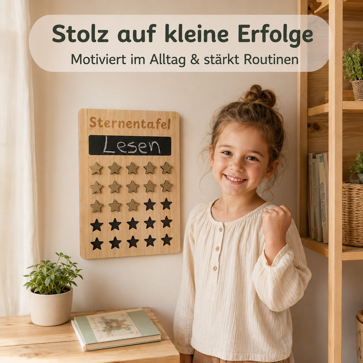 Kind zeigt stolz eine Sternentafel aus Holz für Routinen, Motivation und kleine Erfolge