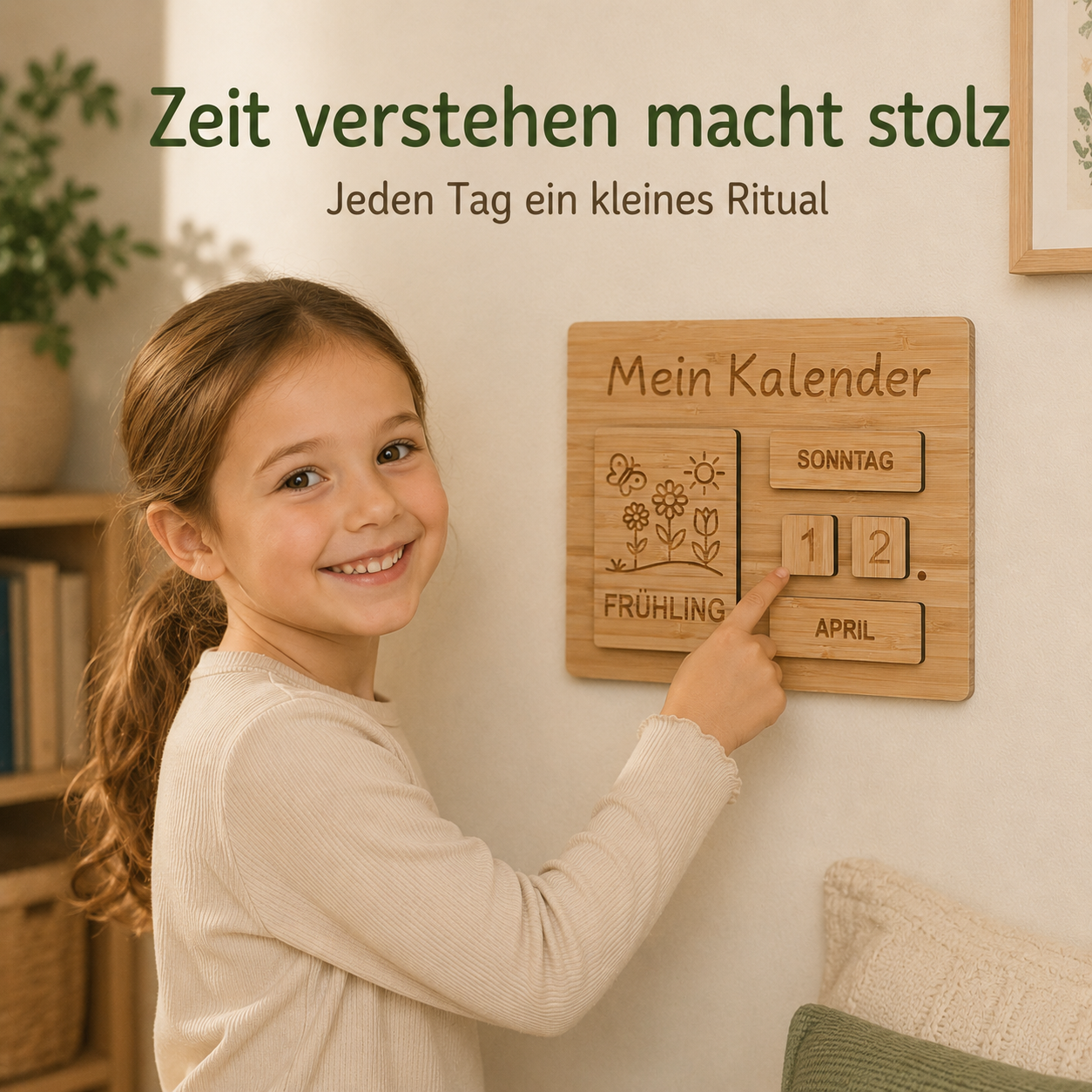Kind zeigt stolz auf den Montessori-Dauerkalender aus Holz und macht Zeit im Alltag sichtbar