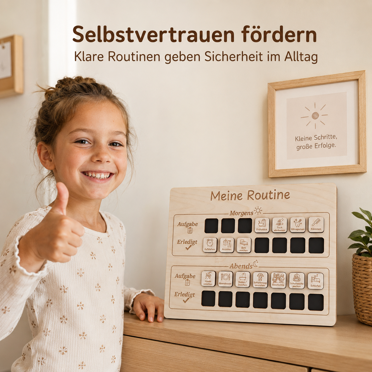 Kind zeigt stolz seine Routinetafel aus Holz für Morgen- und Abendroutine
